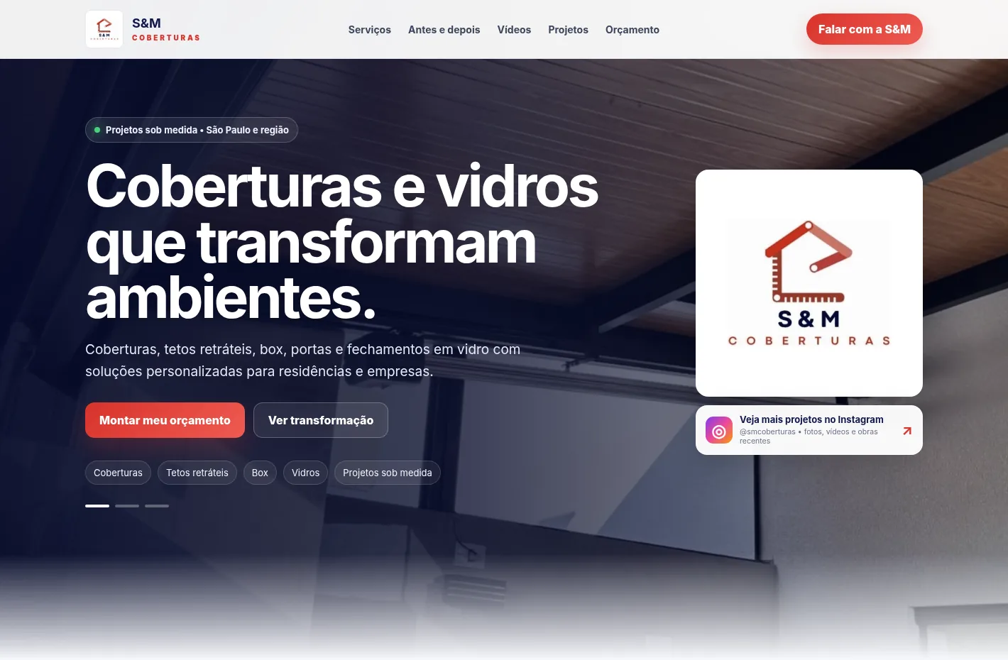 Captura de tela do projeto S&M Coberturas no computador